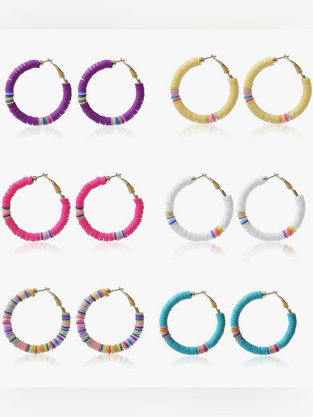 Colorful Wrapped Hoop Earrings - Purple, Yellow, Pink, White, Teal. Set of 6.